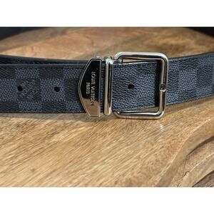 Louis Vuitton Damier Graphite Black Leather Mens Belt Broken Bit 36”